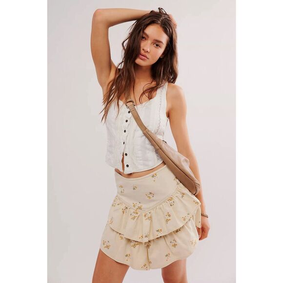 New Free People Driftwood Mini Skirt Womens Tiered Ruffle Boho Festival Sz XL